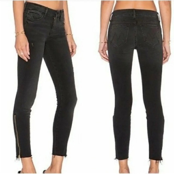 Mother Looker Zip Fray Jeans Womens 27 Wait Until Dark Black Wash Skinny Stretch - Picture 1 of 6